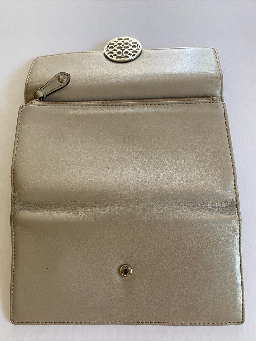 Coach Leather Trifold Clutch Wallet with Decorative Round Clasp - Taupe - Picture 5 of 5